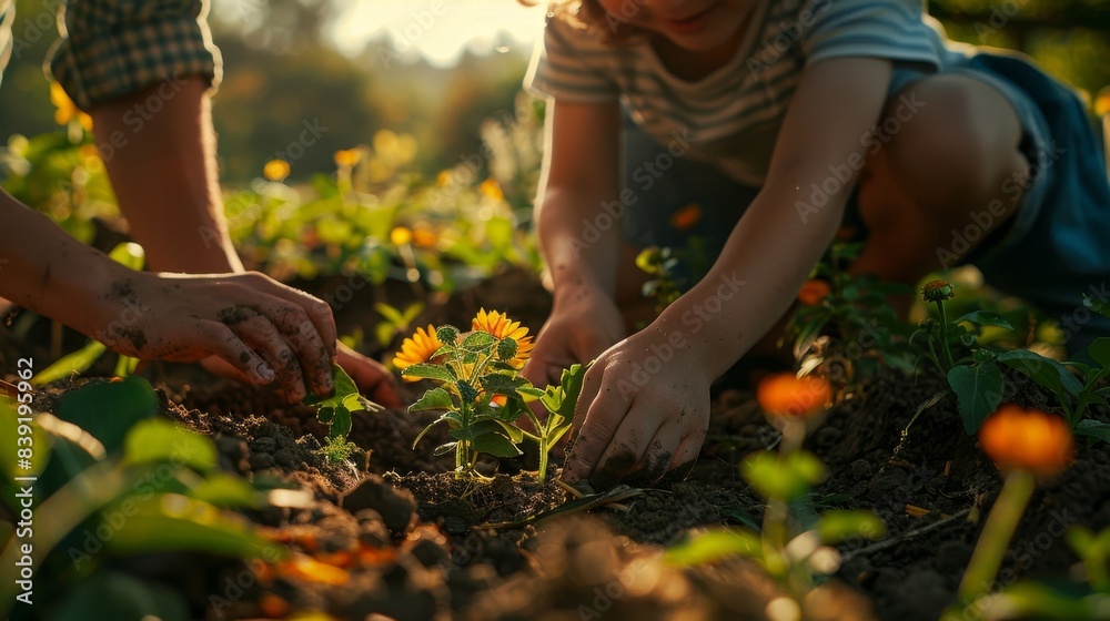 A family planting flowers together in their garden