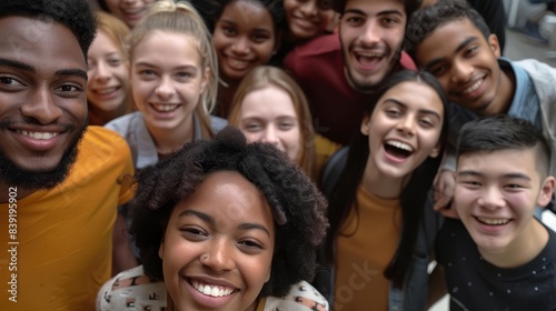 diverse group of enthusiastic students gathering for energetic portrait