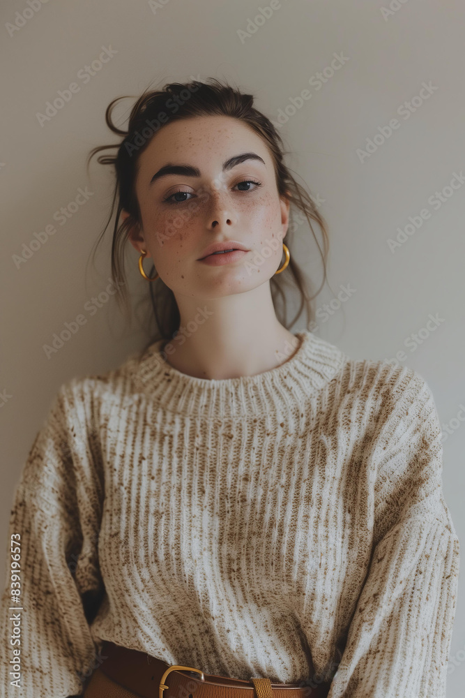young woman standing, wearing a cozy beige sweater with a brown belt and gold earrings, light brown background young woman standing, wearing a cozy beige sweater with a brown belt and gold earrings, light brown background