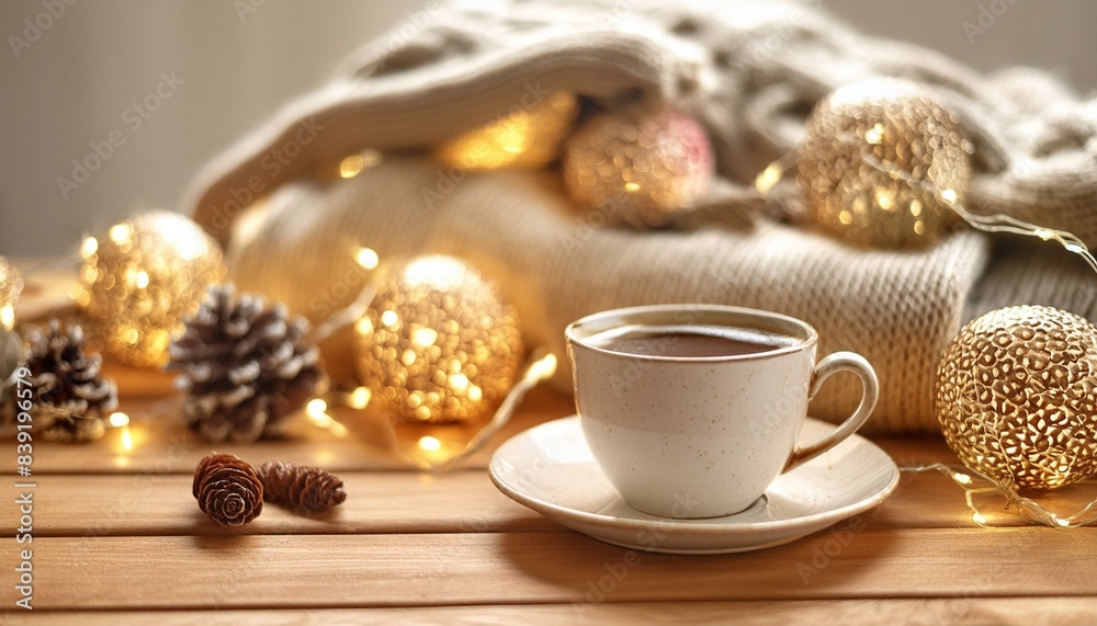 Holiday Magic: Warm Coffee Cup with Sweater and Christmas Lights Bokeh on Wooden Table Holiday Magic: Warm Coffee Cup with Sweater and Christmas Lights Bokeh on Wooden Table