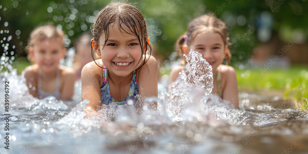 Happy moment children playing water with friend in the garden