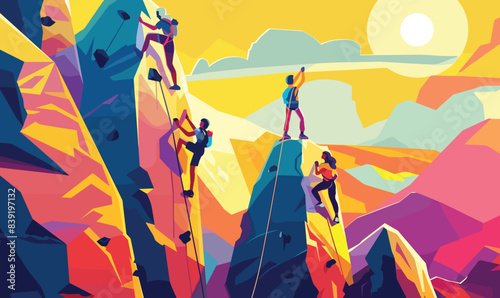 Illustration diverse mountain climbers ascending vibrant rocky terrain under yellow sky sun. Men women climbing gear reach new heights nature, outdoor activity concept art. Colorful mountain