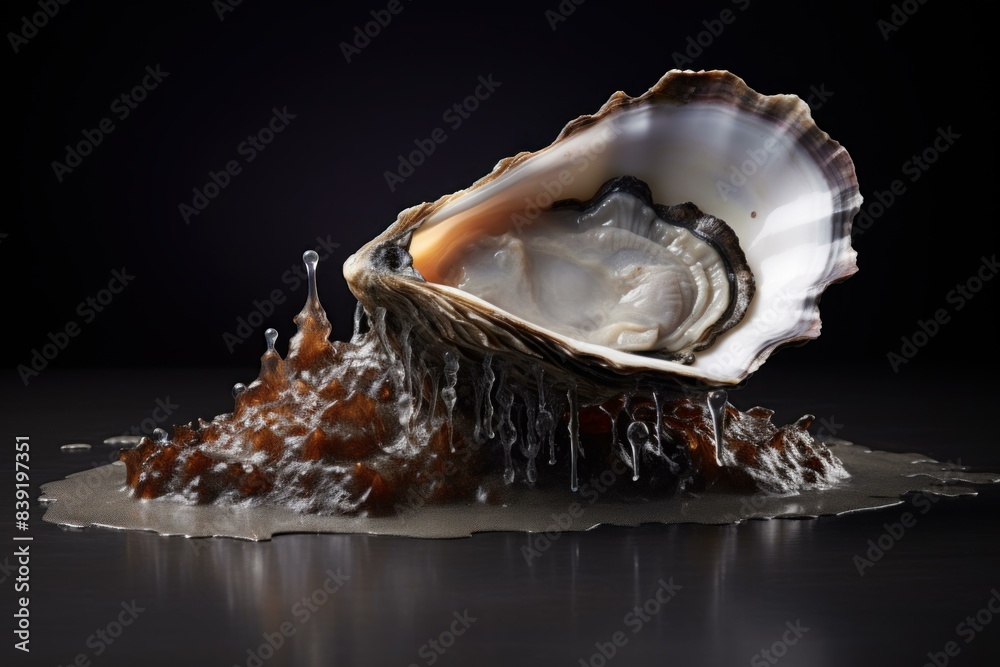 Fresh oyster shell surrounded by dynamic water splash, pictured in studio lighting Fresh oyster shell surrounded by dynamic water splash, pictured in studio lighting
