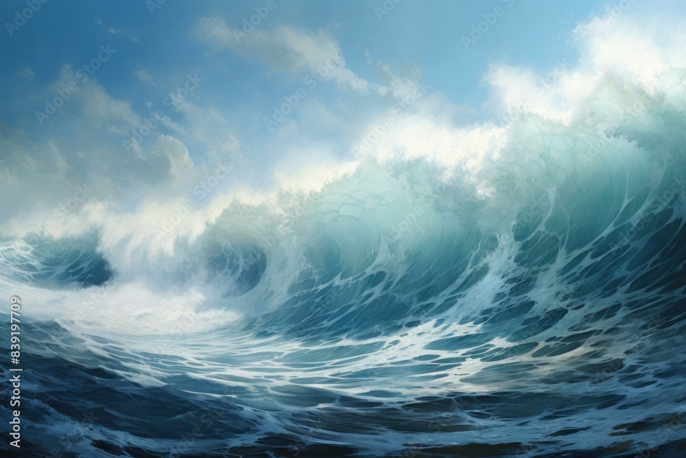 Digital illustration of a powerful, cresting ocean wave under a dynamic sky Digital illustration of a powerful, cresting ocean wave under a dynamic sky