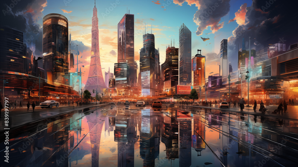 Futuristic Metropolis at Sunset with Reflections Futuristic Metropolis at Sunset with Reflections
