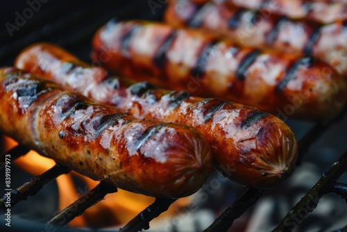 grilled sausages grilled sausages Closeup BBQ with fiery sausages on the grill photo