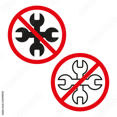 No wrench symbol. Red prohibition sign. Crossed wrenches. Vector illustration.