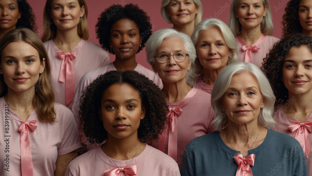 Breast cancer awareness month concept, Generative AI picture pink ribbon many remission woman society