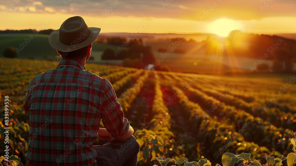 Fototapeta premium farmer overlooking field at sunset rear view of modern agricultural scene