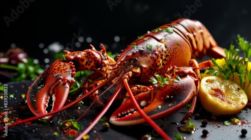 Red lobster on plate with garnish. Boiled red or spiny rock lobster with vegetables. photo