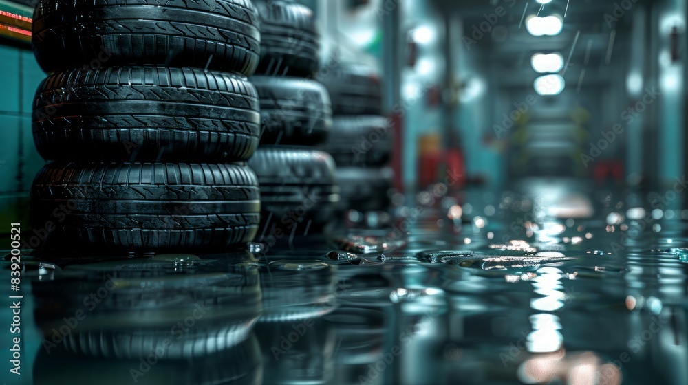 Wet Tires In A Warehouse Wet Tires In A Warehouse