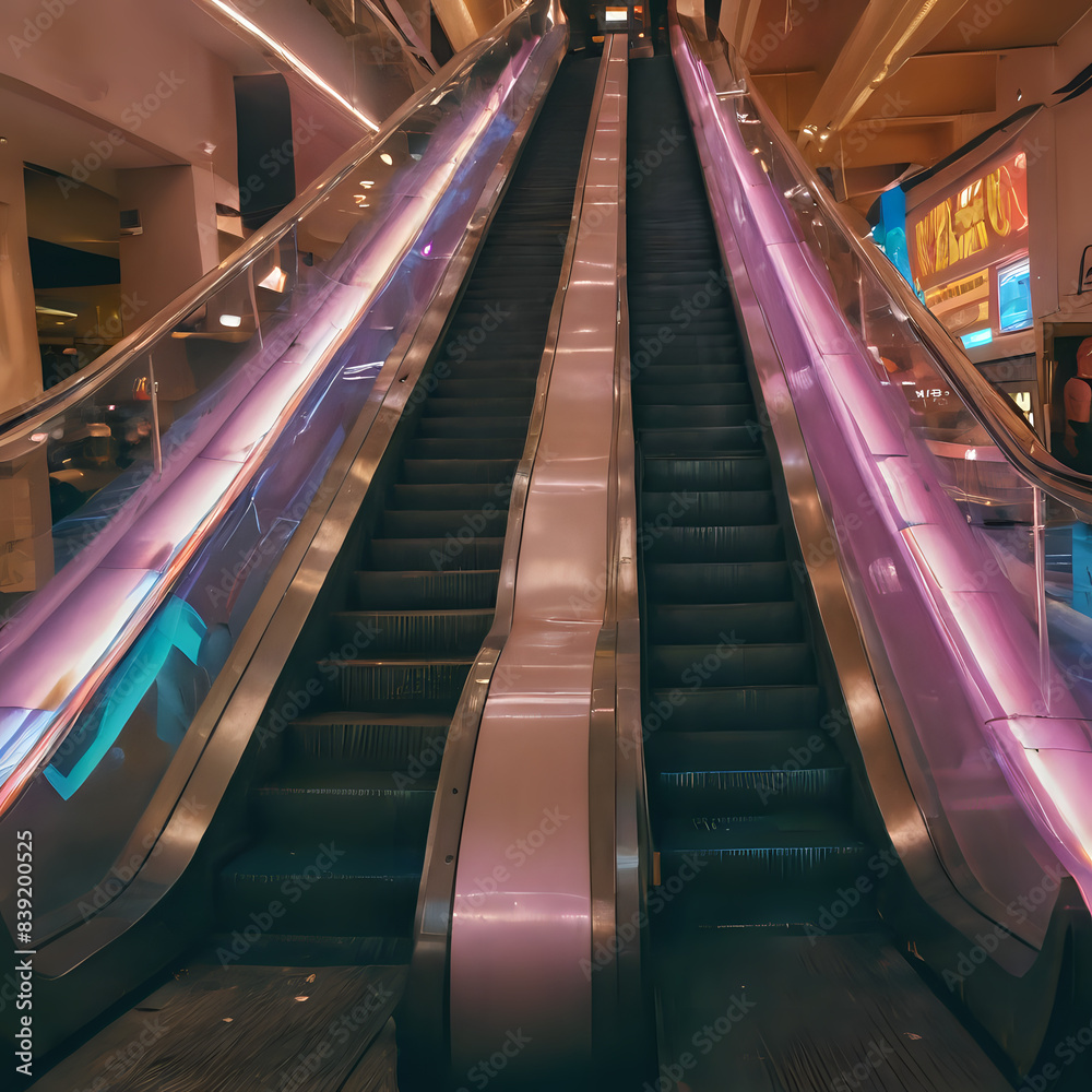 a purple escalator in a building with a person on it