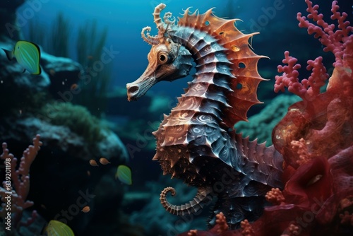 Captivating seahorse swims amidst vibrant corals in the depths of the ocean, showcasing the beauty of marine life