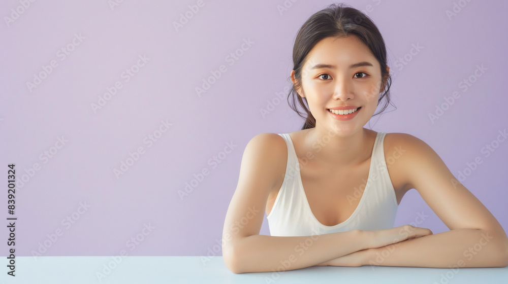 Happy Asian Woman with Perfect Skin on Lavender Background Happy Asian Woman with Perfect Skin on Lavender Background