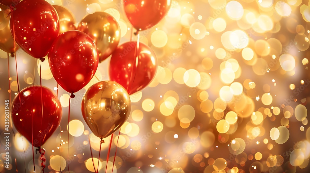 dynamic and festive, a lively festival celebration with an explosion of red and gold balloons and sparkling decorations, carnival party setting, birthday banner in bright theme dynamic and festive, a lively festival celebration with an explosion of red and gold balloons and sparkling decorations, carnival party setting, birthday banner in bright theme