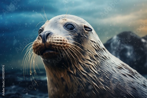 Close-up of a seal with detailed fur texture against a dramatic ocean backdrop
