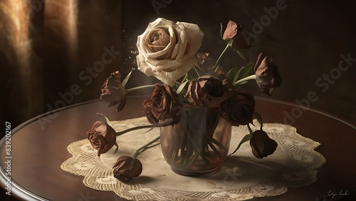 A bouquet of wilted dry roses in a vase