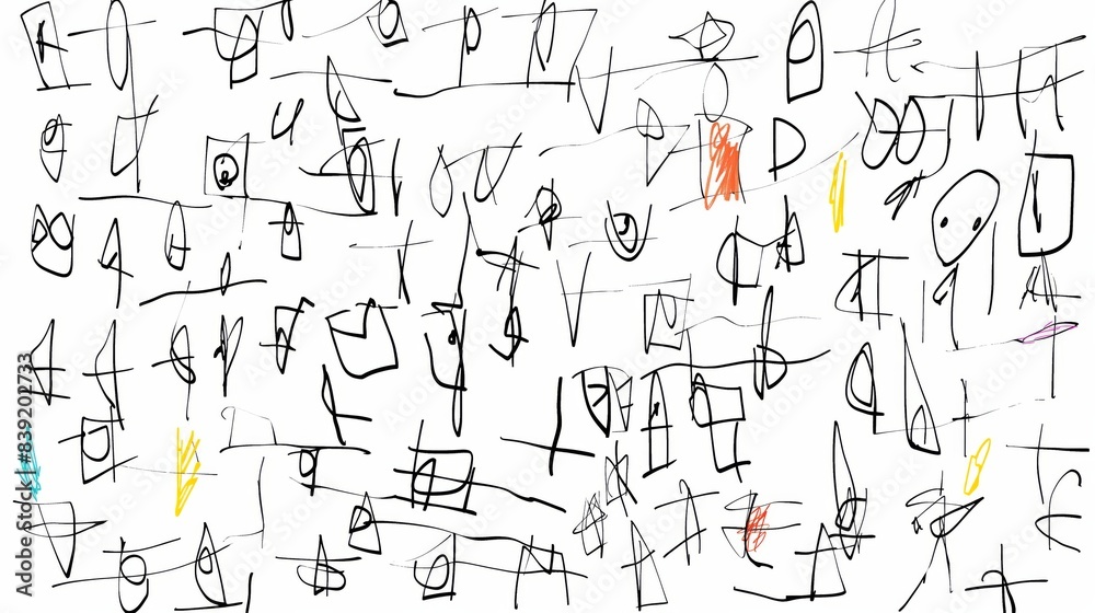 Abstract black lines and colorful shapes scattered on a white background, creating a chaotic yet artistic illustration. Abstract black lines and colorful shapes scattered on a white background, creating a chaotic yet artistic illustration.