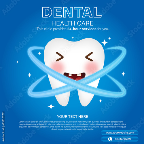 Dental health care flat postr template design with cute smily tooth character, suitable for dental clinic.