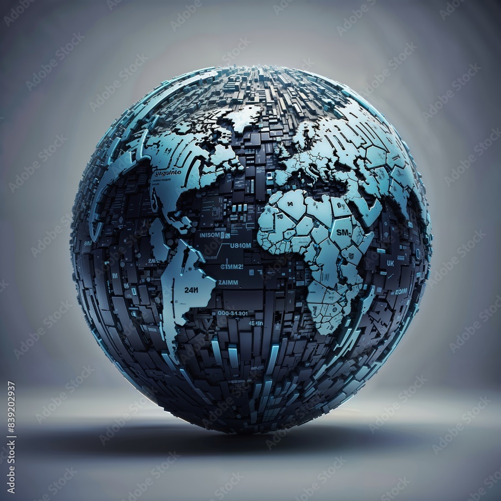 Futuristic Digital World Map Globe with Circuit Board Elements and Text Labels Futuristic Digital World Map Globe with Circuit Board Elements and Text Labels
