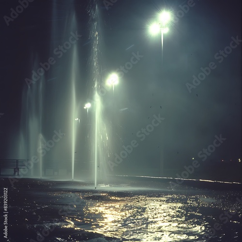 A dramatic scene of water shooting high into the air  illuminated by emergency floodlights  creating a powerful and captivating visual. 