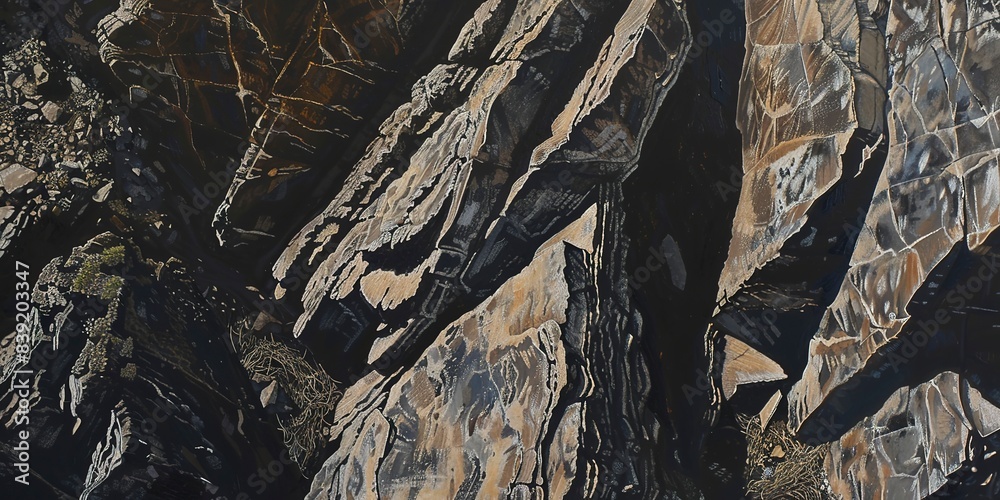 Fototapeta premium Panoramic view of mountain cliffs, close-up on rugged textures and shadows, intense midday lighting.