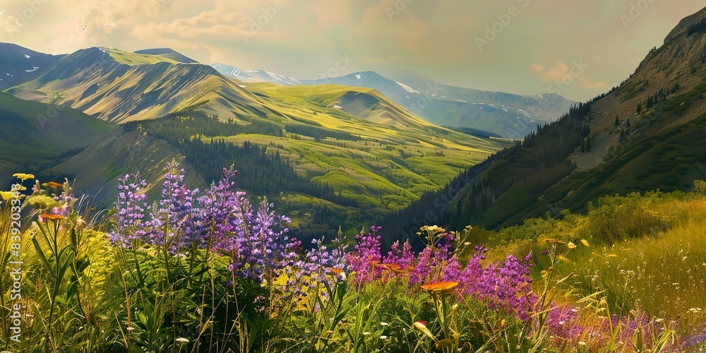 Fototapeta premium Mountain valley panorama, detailed view of wildflowers and grasslands, bright, colorful afternoon.