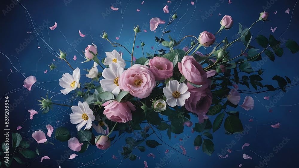 Blooming buds and scattered rose and cosmos flower petals as well as green rose leaves on a blue background Blooming buds and scattered rose and cosmos flower petals as well as green rose leaves on a blue background