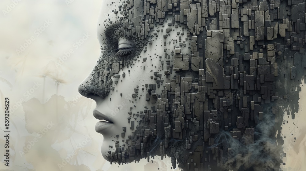 Futuristic Female Face with Abstract Geometric Elements in a Surreal Setting