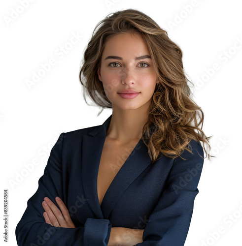Confident Woman in Blue Blazer Smiling Against White Background