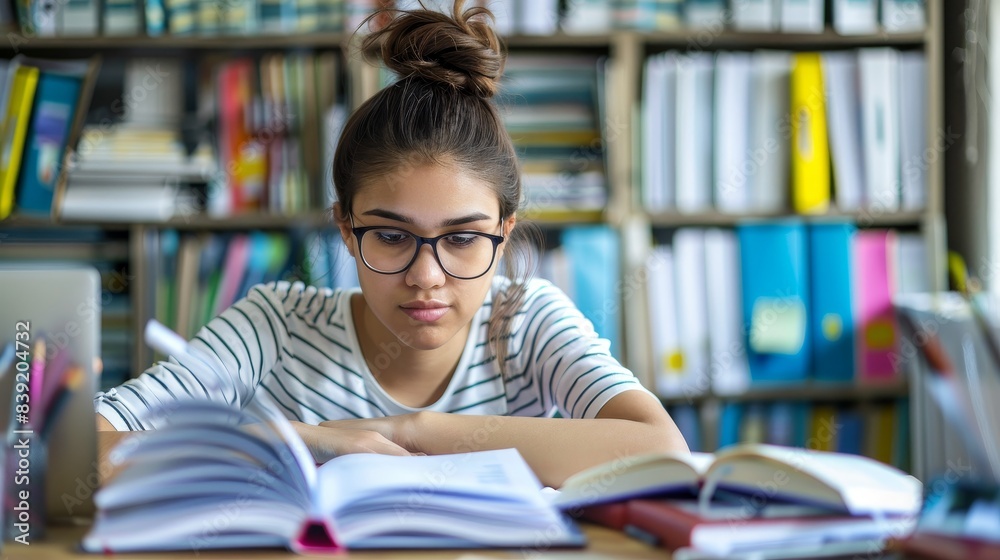 Teen girl studying financial management with books and a laptop on a desk Teen girl studying financial management with books and a laptop on a desk