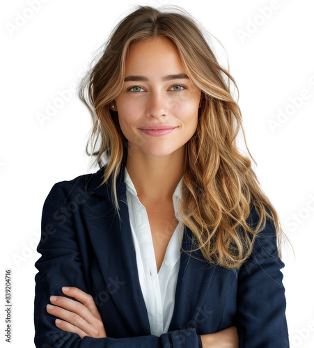 Confident Woman in Blue Blazer Smiling Against White Background