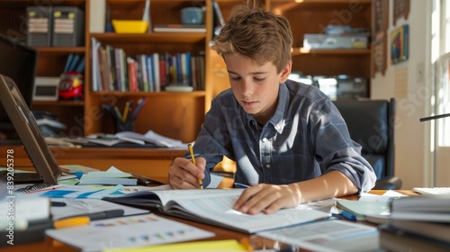Teenage boy planning savings with financial tools and paperwork on a desk