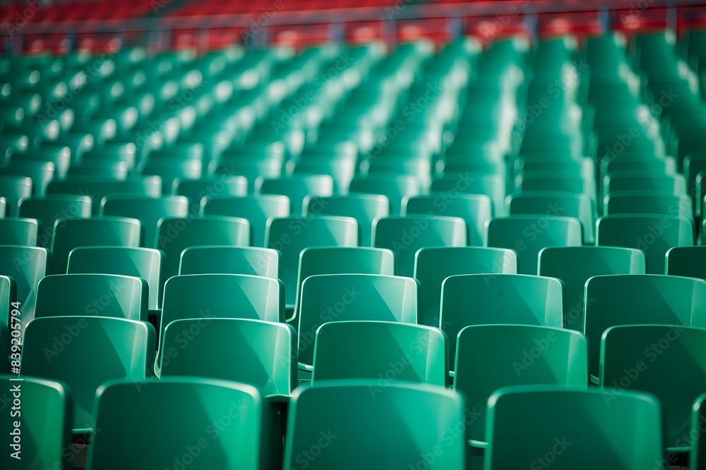 Fototapeta premium Empty green seats at a sports stadium, showcasing repetition and perspective