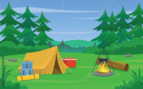 Camping in nature. Rest in the forest with a tent. Cooking food on a fire. Accessories for traveling in nature. © artsquirrel