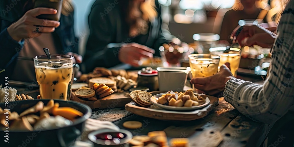 Closeup of people enjoying various snacks near a table during a coffee break. Closeup of people enjoying various snacks near a table during a coffee break.