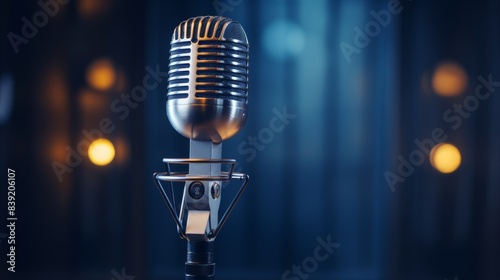 Studio microphone technology blue backgroud, singing