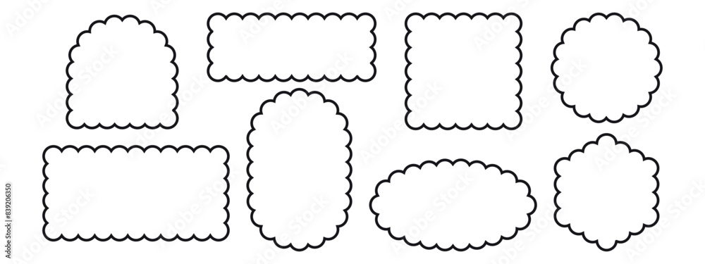 Scallop edge border frame. Rectangle, square, circle, oval, arch, hexagon shapes. Vector illustration isolated on white background. Scallop edge border frame. Rectangle, square, circle, oval, arch, hexagon shapes. Vector illustration isolated on white background.
