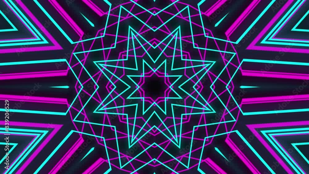 Aesthetic kaleidoscope neon effect animation with geometric pattern for intro opening ads commercial