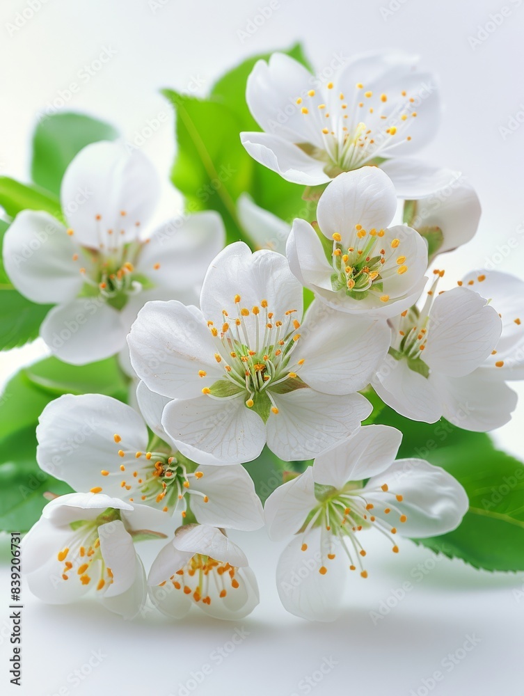 Obraz premium Beautiful white apple blossoms with green leaves, perfect for spring and nature-themed projects. Crisp, vibrant, and delicate in appearance.