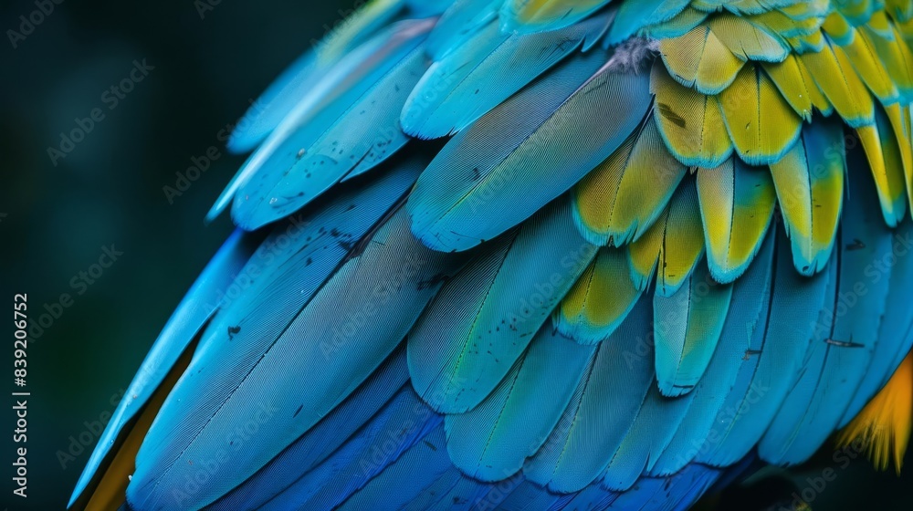 Obraz premium majestic blue macaw feather closeup vibrant green parrot plumage vertical zoom wildlife photography