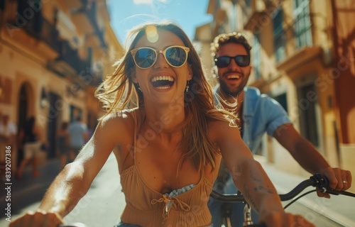Happy Couple Riding a Bicycle Through a Sunny European City