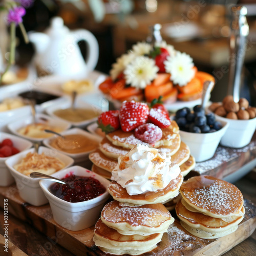 A tempting breakfast spread featuring fluffy pancakes topped with fresh strawberries  blueberries  raspberries  and whipped cream  accompanied by various toppings. Delicious Pancake Breakfast with Fr 