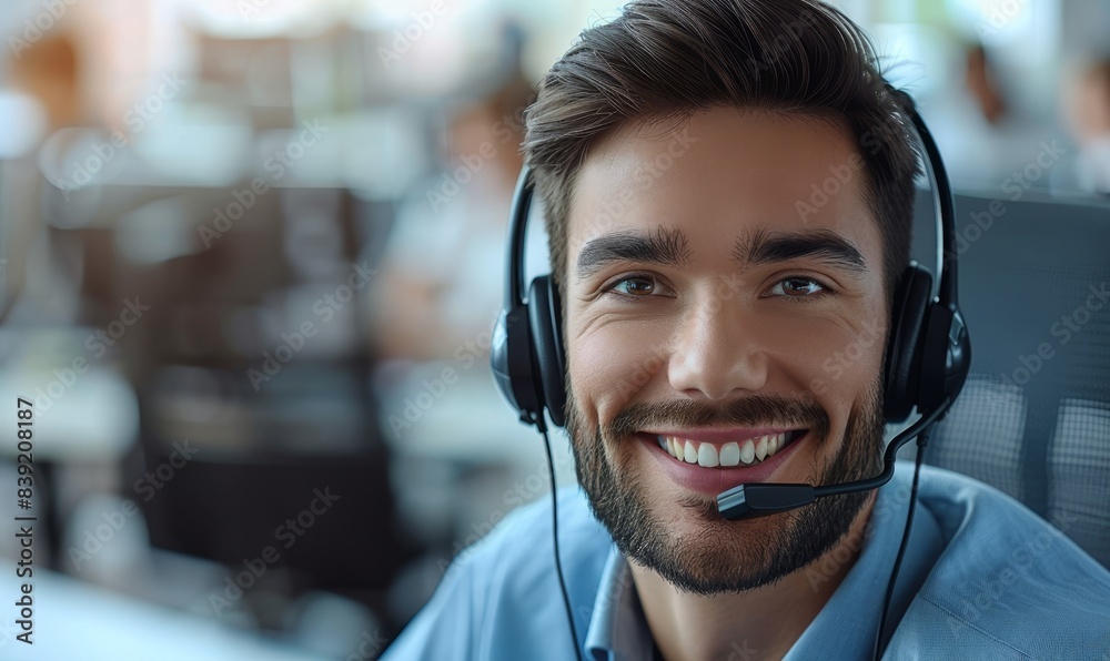 Telemarketing, portrait and man with headset in office for CRM, customer support or consultant. Call center, bokeh and help desk agent with smile for happiness Telemarketing, portrait and man with headset in office for CRM, customer support or consultant. Call center, bokeh and help desk agent with smile for happiness