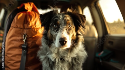 An energetic Australian Shepherd, sits in the backseat of a car with a travel bag next to it © Tana Studio