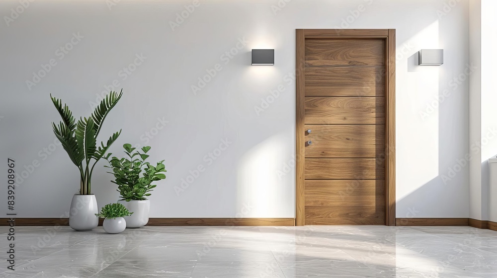 modern wooden door in minimalist hallway interior 3d rendering illustration modern wooden door in minimalist hallway interior 3d rendering illustration