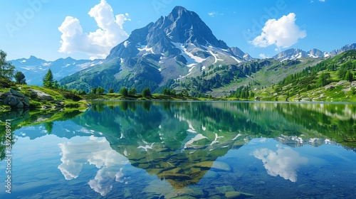 This is a beautiful landscape photo of a mountain and lake. The water is crystal clear with a reflection of the mountain.