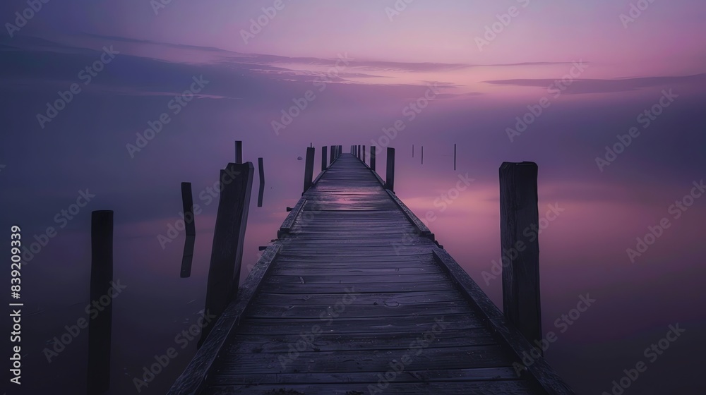 The wooden dock juts out into the still lake, which is shrouded in a purple mist. The wooden dock juts out into the still lake, which is shrouded in a purple mist.