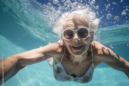 Elderly woman with goggles enjoys a playful swim in clear blue waters © juliars