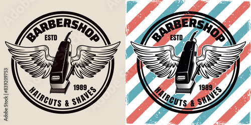 Barbershop emblem, label, badge or logo, hair clipper with wings illustration in two styles